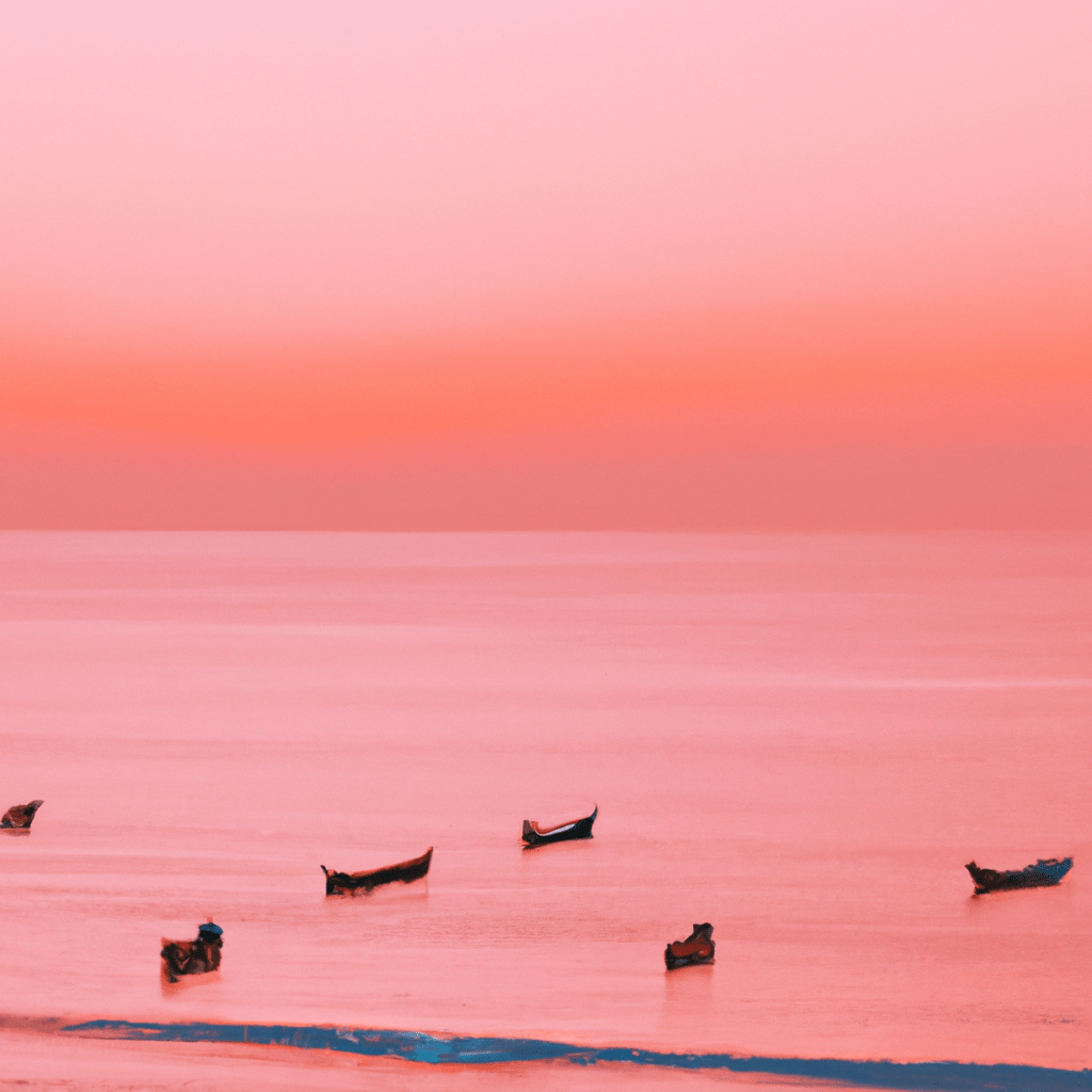 A serene sunset over the ocean, with the sky painted in hues of orange and pink, and several fishing boats gently drifting on the water as the fishermen cast their nets in the fading light