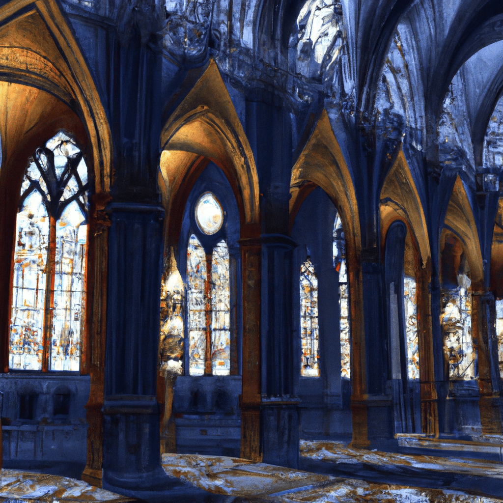 majestic cathedral with towering spires, intricate stained glass windows, and grand arches